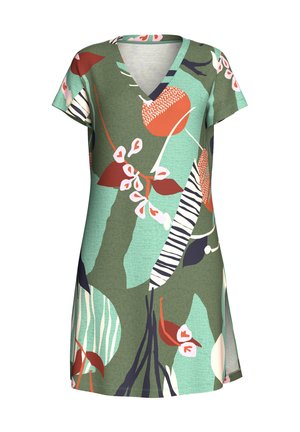 Kurzärmeliges V-Ausschnitt-Kleid mit grünen, blaugrünen, rostfarbenen und cremefarbenen abstrakten Blumen- und Blattmustern.