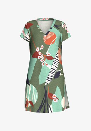 Kurzärmeliges V-Ausschnitt-Kleid mit grünen, blaugrünen, rostfarbenen und cremefarbenen abstrakten Blumen- und Blattmustern.