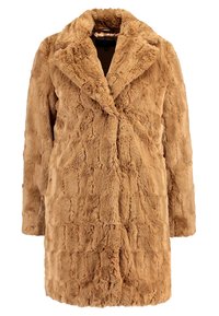 Brun fuskpälsjacka med slagkrage, texturerad yta med lapptäckesmönster och långa ärmar. Midjelång modell.