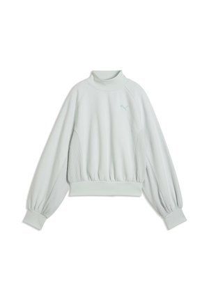 Lichtgrijze pullover met hoge kraag, geribde zijpanelen, opgeblazen lange mouwen en een klein Puma-logo op de borst.