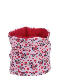 Sciarpa tubolare multicolore con motivo a pois rossi e bianchi, caratterizzata da personaggi dei cartoni animati stilizzati sul tessuto e un interno rosso.