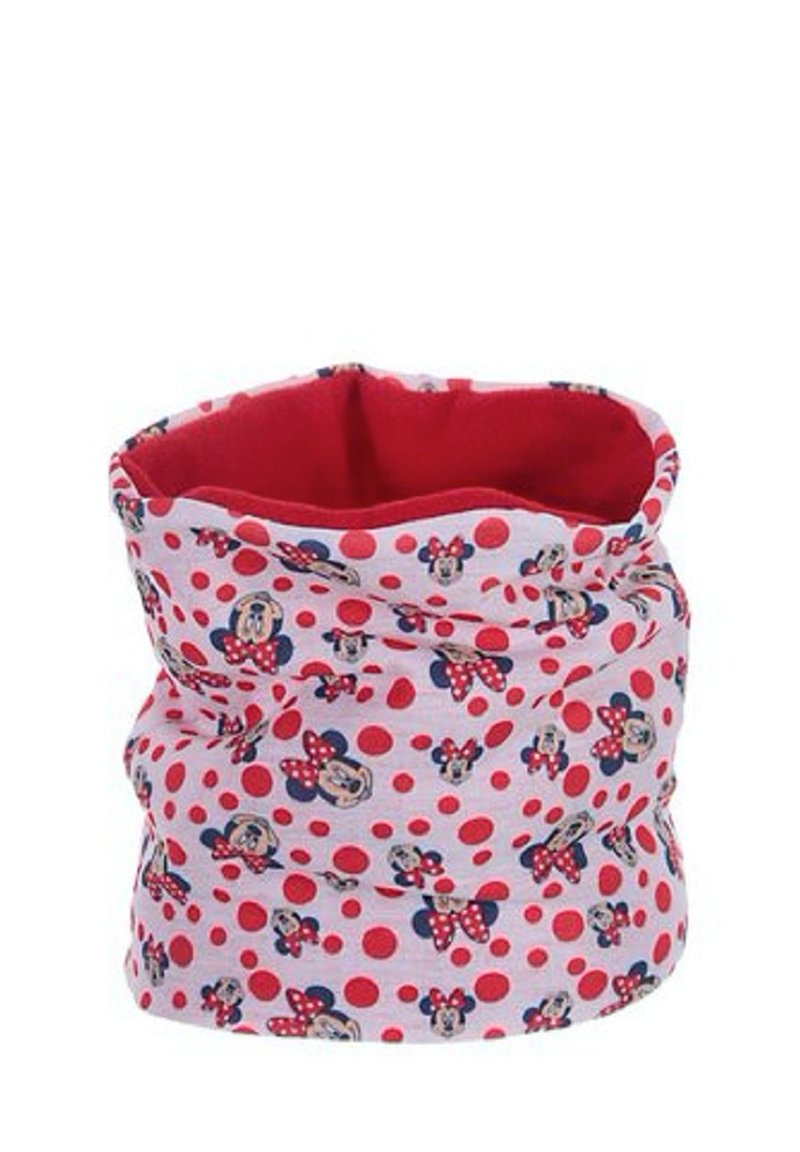 Sciarpa tubolare multicolore con motivo a pois rossi e bianchi, caratterizzata da personaggi dei cartoni animati stilizzati sul tessuto e un interno rosso.