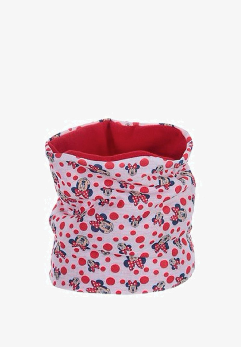 Sciarpa tubolare multicolore con motivo a pois rossi e bianchi, caratterizzata da personaggi dei cartoni animati stilizzati sul tessuto e un interno rosso.