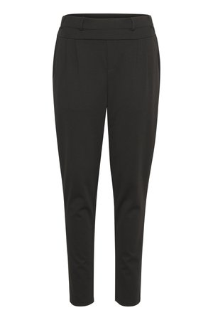 Black tailored trousers with a smooth fabric, slim fit, pleated front, and a flat waistband. Ankle-length with no visible hardware.