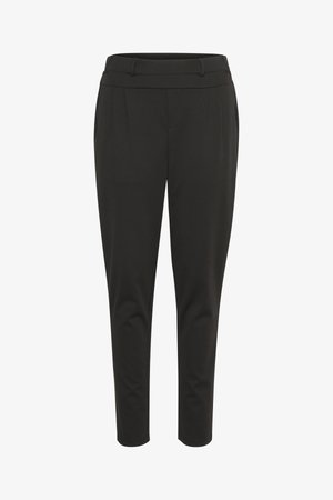 Schwarze, maßgeschneiderte Hose aus glattem Stoff, schmale Passform, mit gefaltetem Vorderteil und flachem Bund. Knöchellang und ohne sichtbare Hardware.