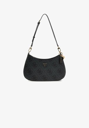 Sac à épaule noir à forme incurvée, tissu texturé et motif en relief. Dispose de garnitures dorées et d'une étiquette logo. Sangle réglable.