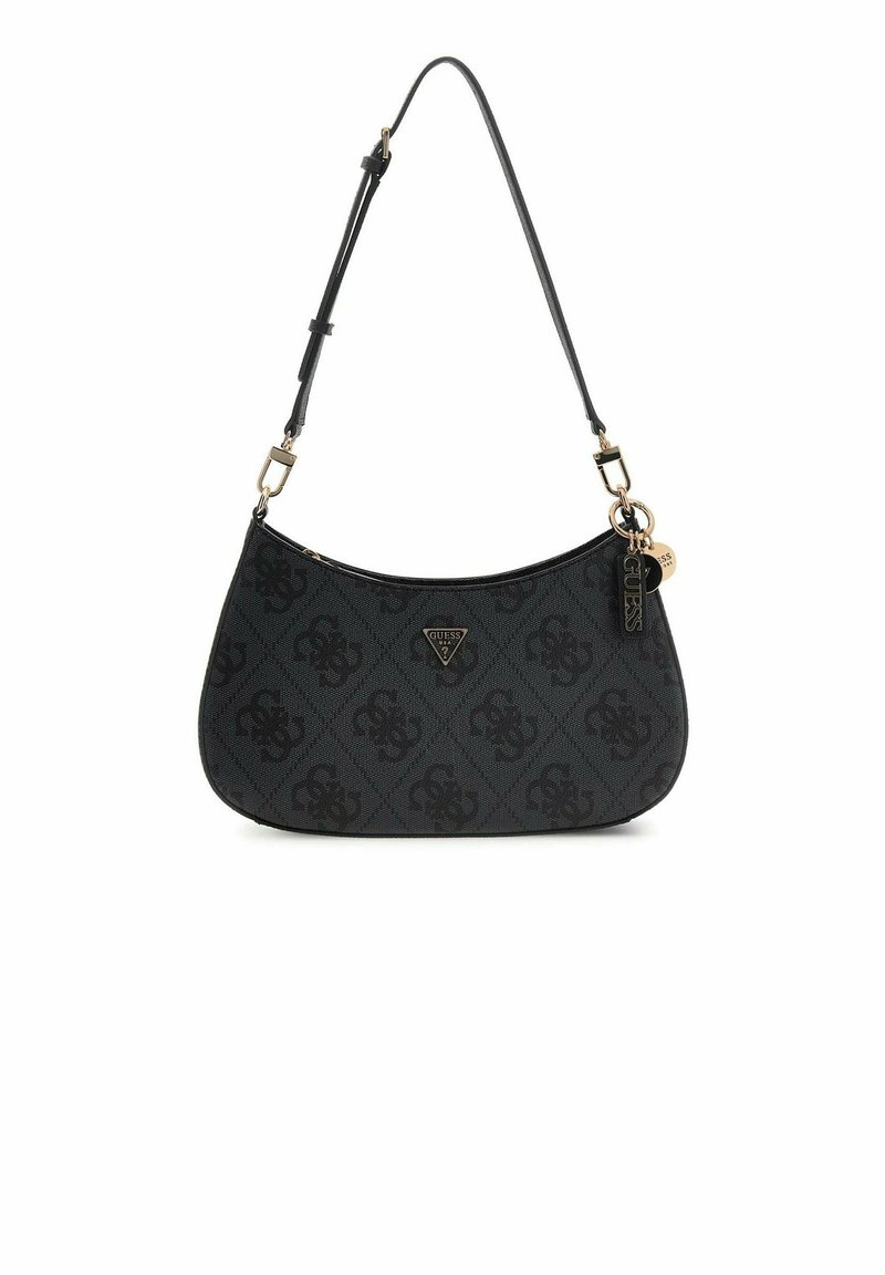 Borsa a spalla nera con forma curva, tessuto testurizzato e motivo in rilievo. Presenta accessori dorati e una targhetta con logo. Tracolla regolabile.