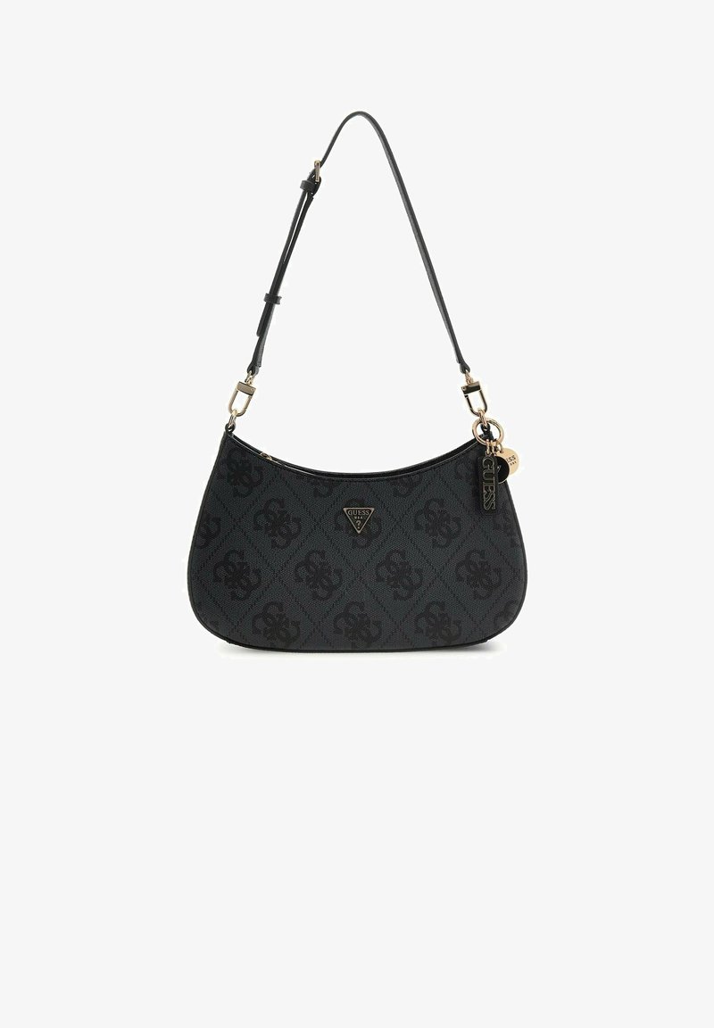 Borsa a spalla nera con forma curva, tessuto testurizzato e motivo in rilievo. Presenta accessori dorati e una targhetta con logo. Tracolla regolabile.