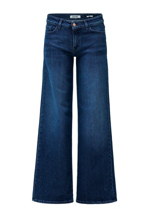Jeans de pernera ancha azul oscuro con bolsillos frontales, lazos para cinturón, cierre de botón y una etiqueta en la cinturilla.