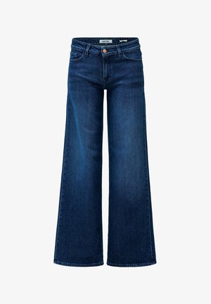 Tmavě modré široké džíny s předními kapsami, poutky na opasek, zapínáním na knoflík a štítkem na pasu.