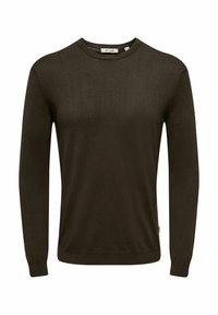 Brązowy sweter z długim rękawem, wykonany z miękkiego materiału. Ma okrągły dekolt oraz prążkowane mankiety i dół, co zapewnia dopasowane wykończenie.