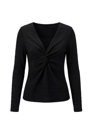 Haut noir pour femme à manches longues, col en V profond et détail de nœud torsadé au centre devant, silhouette ajustée.