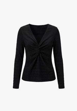 Haut noir pour femme à manches longues, col en V profond et détail de nœud torsadé au centre devant, silhouette ajustée.