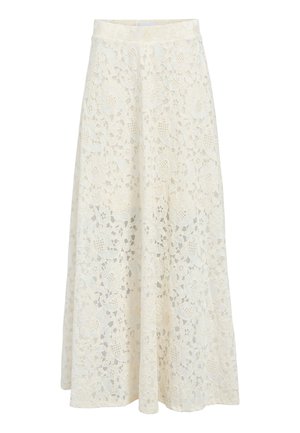 Lang cremefarvet blonde nederdel med blomsterprint, høj talje og flydende A-linje silhuet.