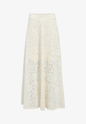 Lang cremefarvet blonde nederdel med blomsterprint, høj talje og flydende A-linje silhuet.