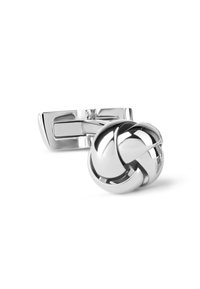 Silver-tone cufflink featuring a spherical design with intertwined loops, polished texture, and a rectangular attachment backing.