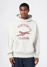 Uomo che indossa un hoodie grigio chiaro con il testo in bordeaux "Panthers Training" e una grafica di un pantera, abbinato a jeans blu scuro, in piedi contro uno sfondo bianco.