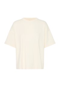 T-shirt à manches courtes couleur crème avec un col rond et une coupe décontractée. Tissu doux avec une texture lisse, sans motifs ni accents visibles.