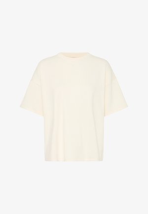 Krémovo sfarbené tričko s krátkym rukávom, kruhovým výstrihom a voľným strihom. Mäkká tkanina s hladkou textúrou, bez viditeľných vzorov alebo akcentov.