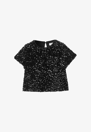 Top corto nero a maniche corte decorato con paillettes, caratterizzato da un collo rotondo e da un'apertura discreta sul retro. Tessuto liscio, decorazioni testurizzate.