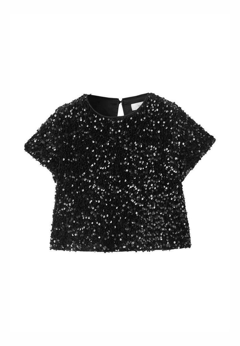Top corto nero a maniche corte decorato con paillettes, caratterizzato da un collo rotondo e da un'apertura discreta sul retro. Tessuto liscio, decorazioni testurizzate.