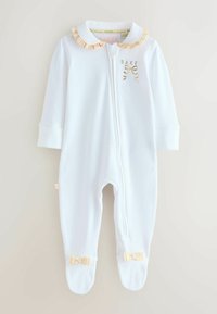 Balta bērnu bodijs ar garajām piedurknēm, ar ruffle apkakli, zelta "BAKER" tekstu un dzelteniem mezgliem pie kājām. Mīksta auduma un ar rāvējslēdzēju.