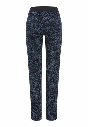 Pantaloni in cotone blu scuro con motivo floreale, dotati di una vita elastica nera, taglio slim e una texture sottile, caratterizzati da un design dettagliato su tutta la superficie.