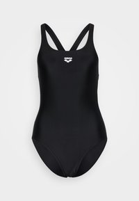 Maillot de bain une pièce noir au design épuré, avec un dos décolleté et des bretelles croisées. Le logo est affiché sur la poitrine en blanc.