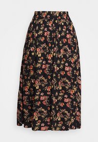 Jupe noire à fleurs avec une taille élastique froncée. Elle arbore des motifs floraux multicolores en rouge, jaune et vert. Design mi-long.