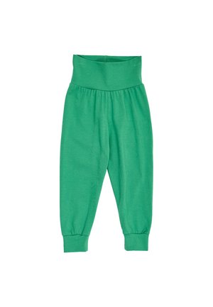 Pantalon jogger vert taille haute avec une large ceinture élastique et des poignets ajustés, conçu pour une coupe confortable et décontractée.