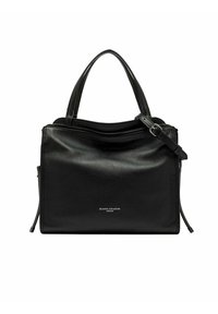 Sac à main en cuir noir de forme rectangulaire, avec double anses supérieures et une bandoulière amovible. Présente une fermeture éclair et un branding discret.