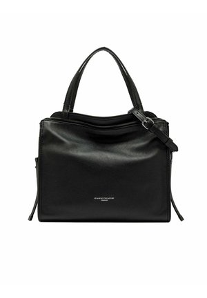 Borsa a tracolla nera in pelle con forma rettangolare, doppio manico superiore e tracolla staccabile. Presenta una chiusura con zip e un logo discreto.