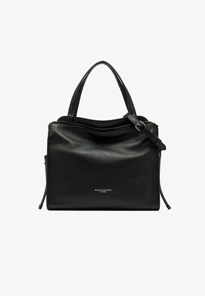Borsa a tracolla nera in pelle con forma rettangolare, doppio manico superiore e tracolla staccabile. Presenta una chiusura con zip e un logo discreto.