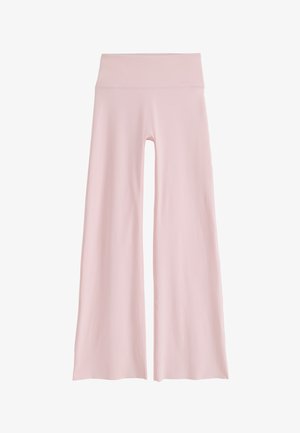 Pantalon large rose clair avec une taille haute, tissu lisse sans motifs ni ornements visibles.