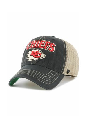 Schwarze und beige Mesh-Baseballkappe mit dem Schriftzug "CHIEFS" und dem eingestickten Kansas City Chiefs-Logo auf der Vorderseite.