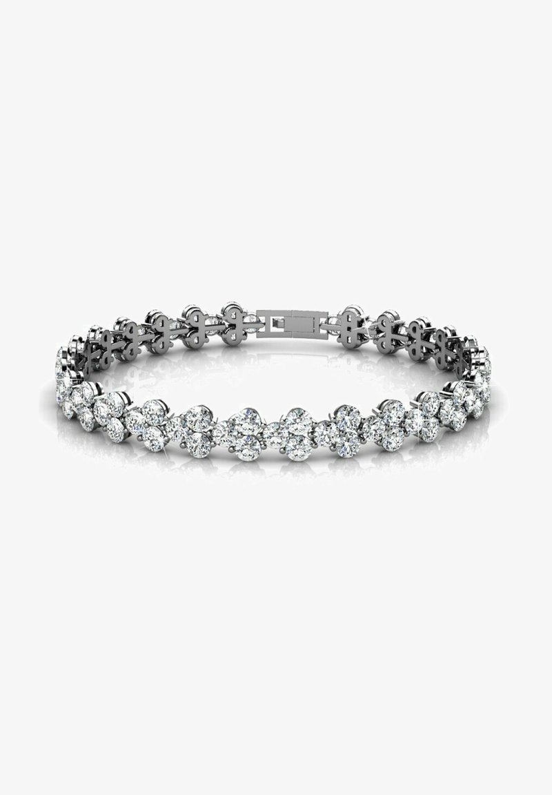 Zilveren armband met afwisselend ronde en bloemvormige heldere stenen, uitgerust met een veilige sluiting en een stijlvolle, gepolijste afwerking.