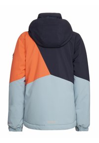 Farbenfrohere Winterjacke in Navy, Orange und Hellblau. Sie hat eine Kapuze und elastische Bündchen. Glatte Textur, synthetisches Material.