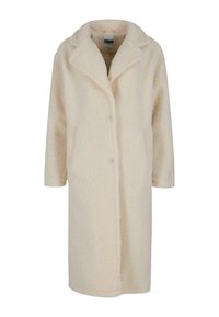 Cremefarbener Fleece-Mantel mit strukturierten Oberflächen, Reverskragen, zwei Fronttaschen und Knopfverschluss. Lange Ärmel und knielange Gestaltung.