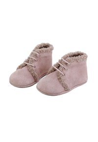 Botines de ante rosa con suave detalle de piel sintética alrededor del cuello y diseño de cordones. Punta redondeada y suela plana para mayor comodidad.