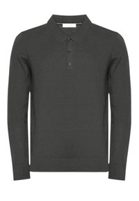 Polo a maniche lunghe in grigio scuro, con colletto classico, patta con tre bottoni e polsini e orlo a coste. Texture liscia.