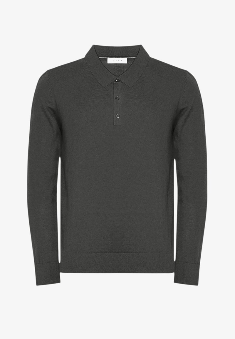 Polo a maniche lunghe in grigio scuro, con colletto classico, patta con tre bottoni e polsini e orlo a coste. Texture liscia.
