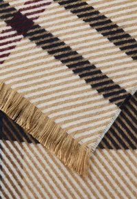 Gewebte Decke mit einem gestreiften Muster in Beige, Marineblau und Burgunderrot. Mit Fransenrand und weicher Textur.
