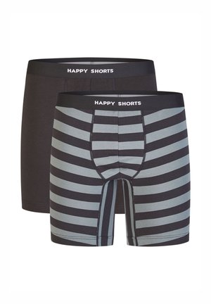 Zwei Paare Herren-Boxershorts. Eine einfarbig schwarz und eine mit horizontalen grau-schwarzen Streifen. Beide haben einen markierten Bund.