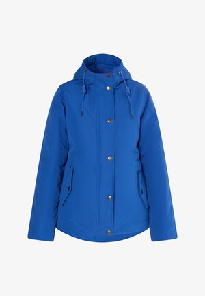 Blue hooded jacket made from water-resistant fabric. Features snap buttons, adjustable drawstring hood, and two side pockets. Smooth texture.