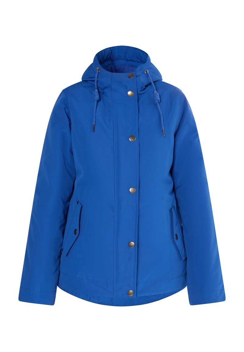 Blauwe hooded jacket gemaakt van waterafstotende stof. Kenmerkt zich door drukknoopsluiting, een verstelbare trekkoordcapuchon en twee zijzakken. Glad textuur.