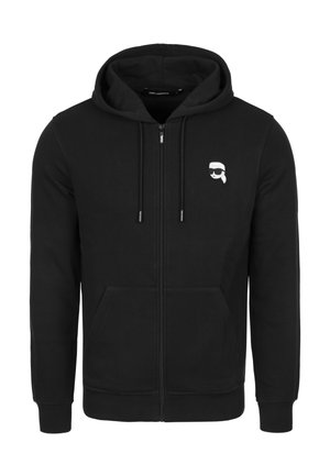 Zwarte zip-up hoodie gemaakt van een katoenmix, met een kangoeroezak en een grafisch logo in het wit op de linkerkant van de borst.