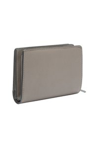 Gray leather wallet with a smooth texture, bi-fold design, and contrasting stitching. Features a metal zipper pull for secure closure.