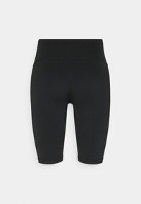 Pantalones cortos de ciclista negros de cintura alta con un diseño sin costuras, de longitud media en el muslo y tela suave sobre un fondo liso.