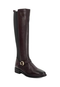 Brown leather knee-high boot with a smooth finish, black elastic panel, and gold buckle accent on the ankle, featuring a low block heel.