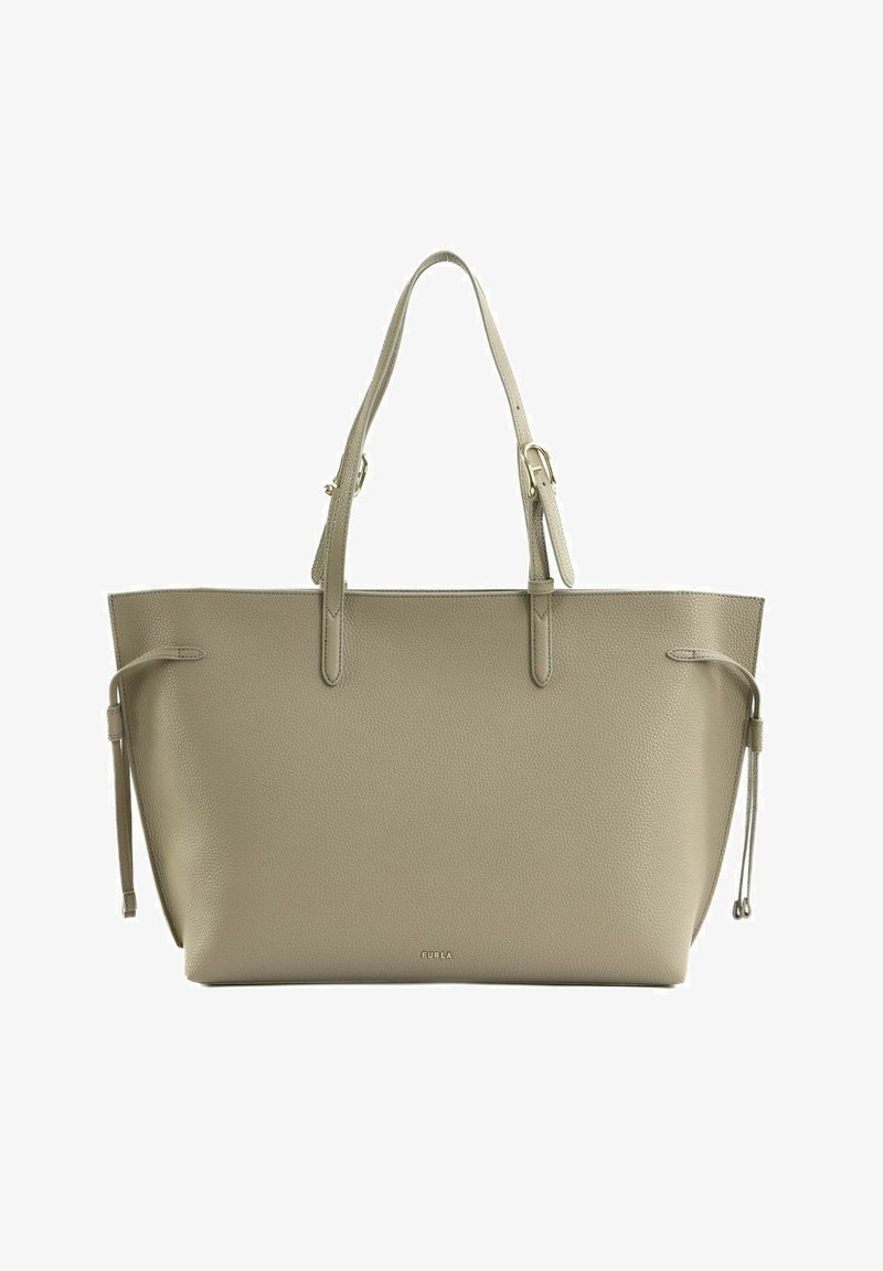 Sac cabas Furla en cuir taupe avec deux bretelles réglables et des détails à cordon sur les côtés, forme rectangulaire.